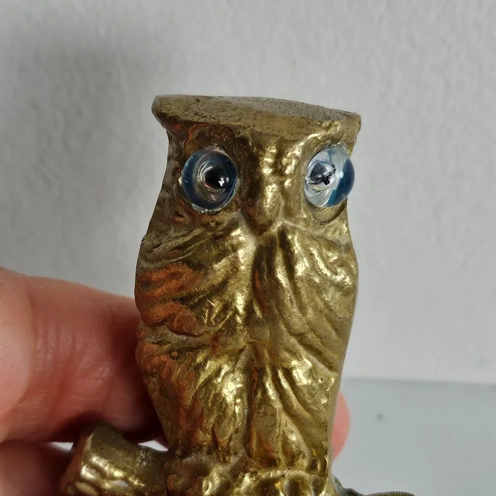 Brass Owl on Perch glass eyes figurine